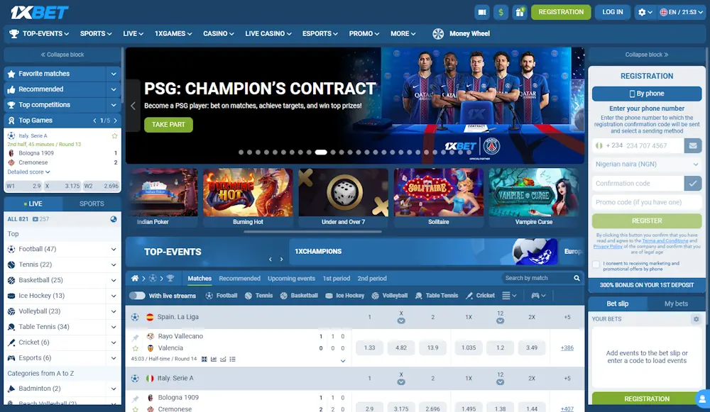 1XBET Casino and Sportsbook Screenshot